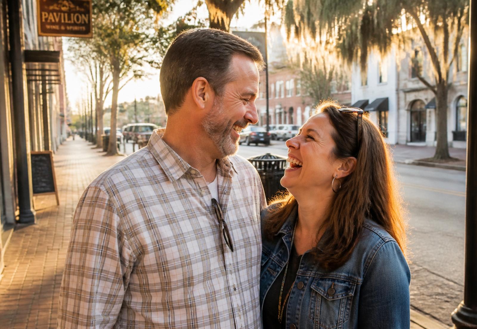 A couple laughing together on a tree-lined Summerville street at sunset